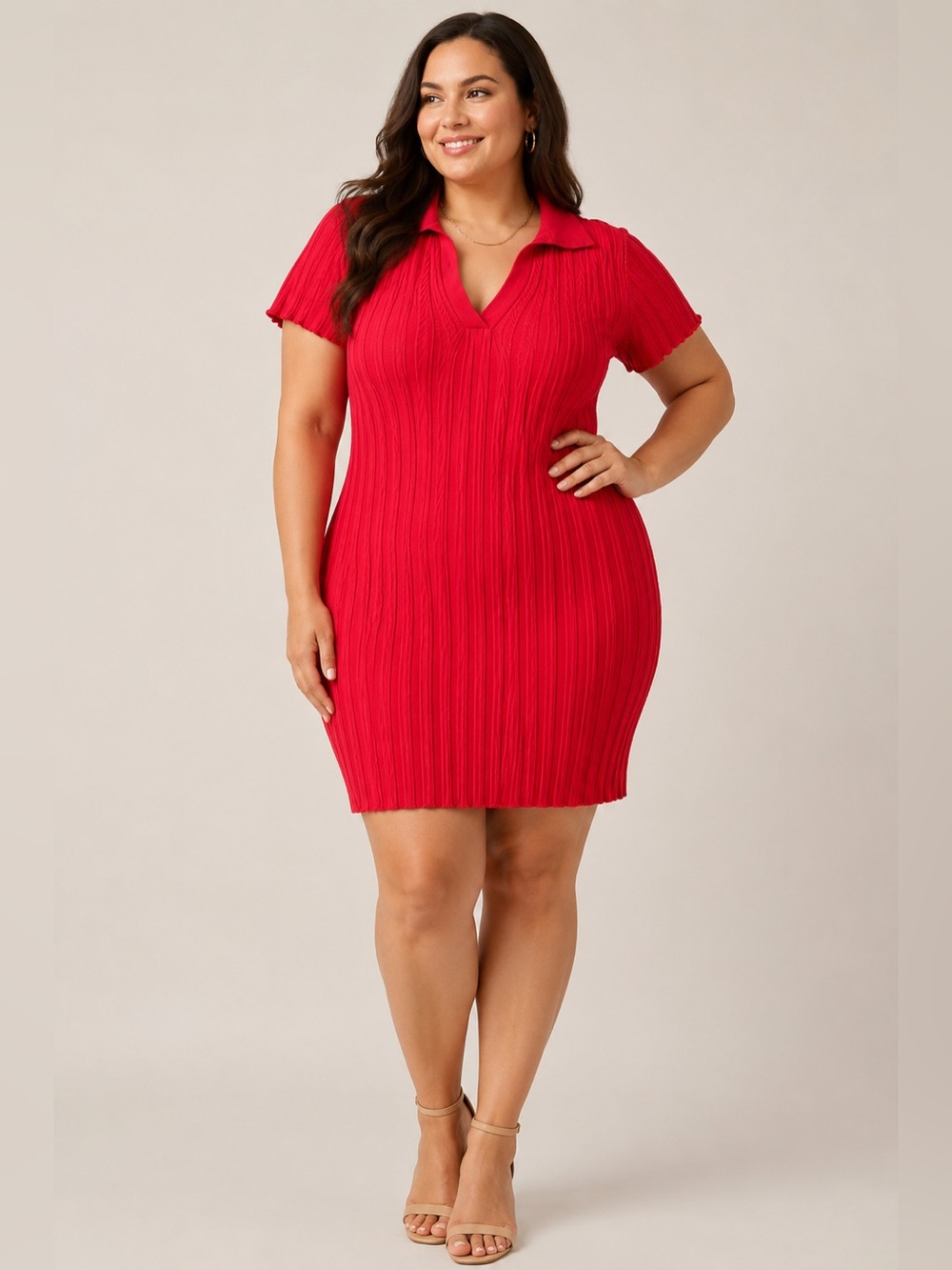 LITA by Ciara Ribbed Knit Polo Sweater Dress Red XXL Bodycon Midi Stretch
